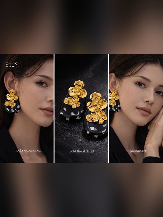 Black Resin Earrings with Gold Floral Accents - Picture 10 of 10